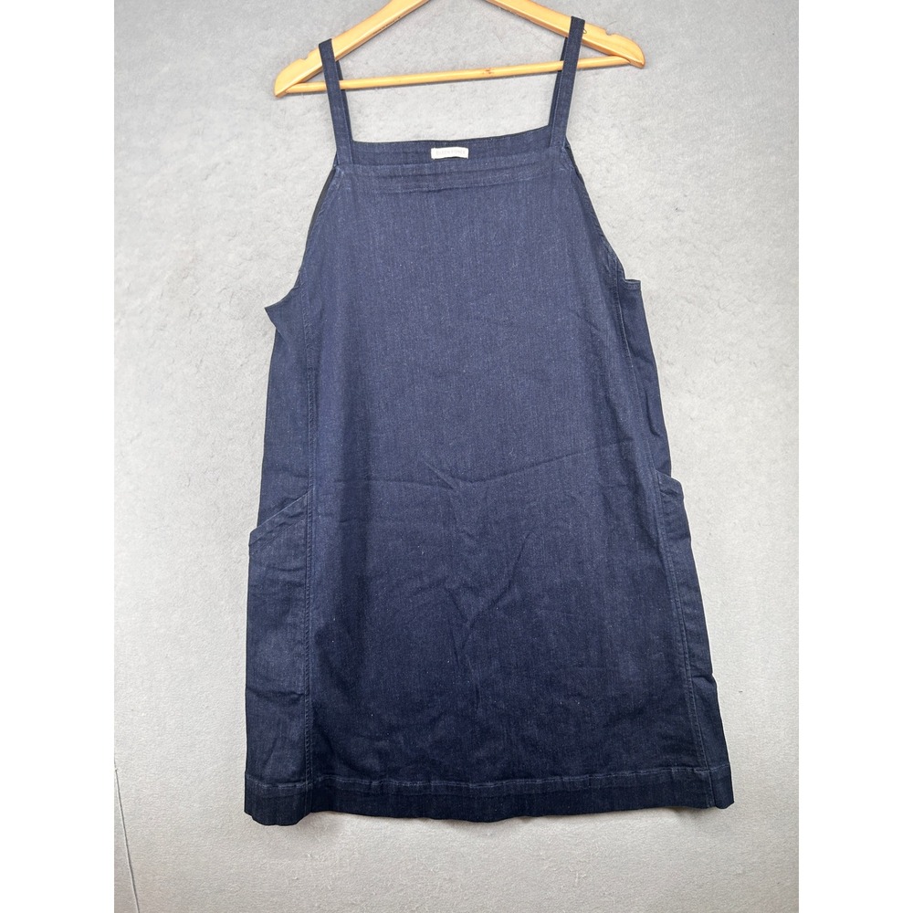 Eileen Fisher Indigo Denim Jumper Dress Square Neck Sleeveless Pockets Blue